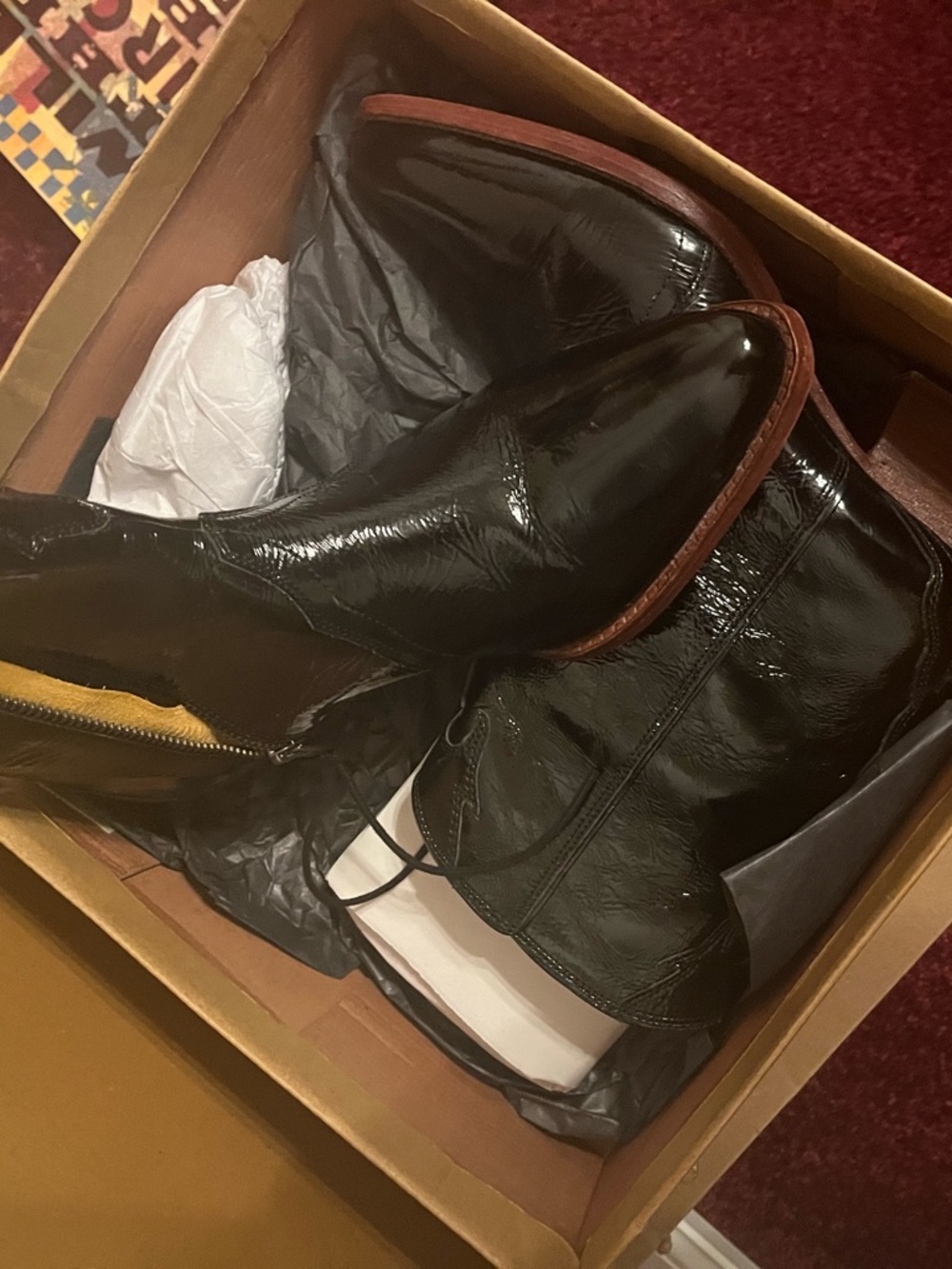 Free People Black Patent Leather Ankle Boots with Brown Trim